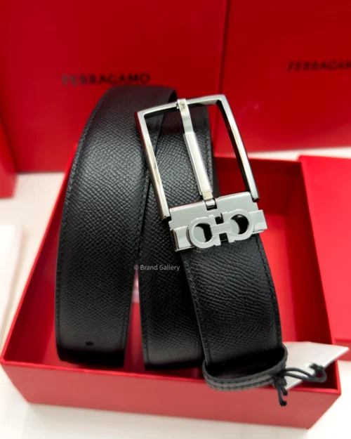 Ferragamo Gancini Gun-Metal pebbled Reversible Leather Belt - Luxury belt - A&A Brand Gallery Egypt