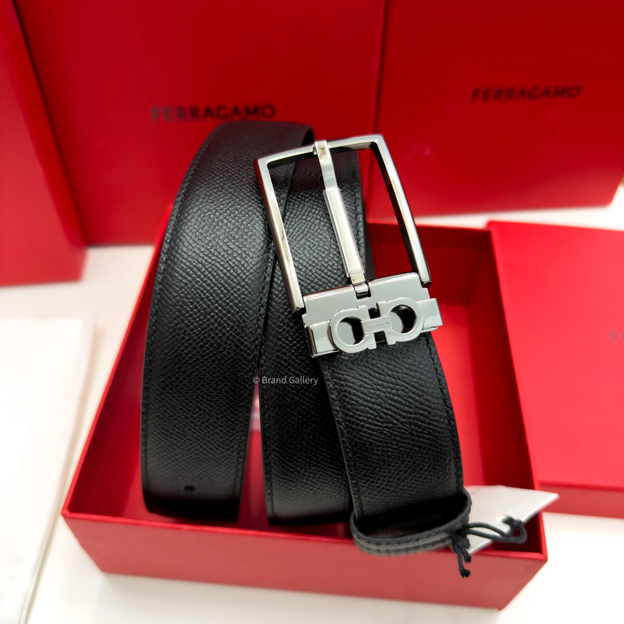 Ferragamo Gancini Gun-Metal pebbled Reversible Leather Belt - Luxury belt - A&A Brand Gallery Egypt