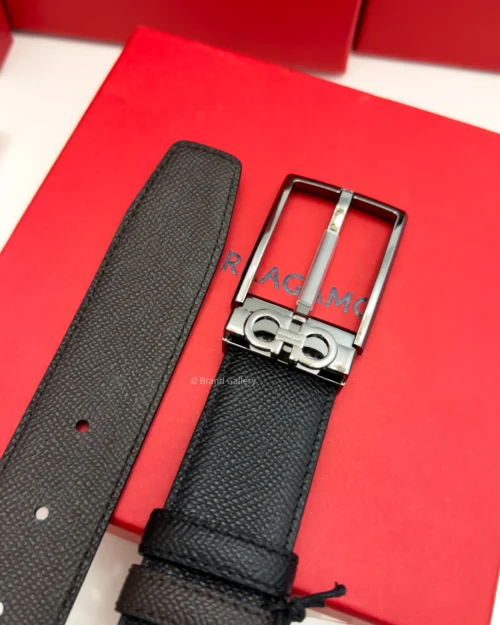 Ferragamo Gancini Gun-Metal pebbled Reversible Leather Belt - Luxury belt - A&A Brand Gallery Egypt