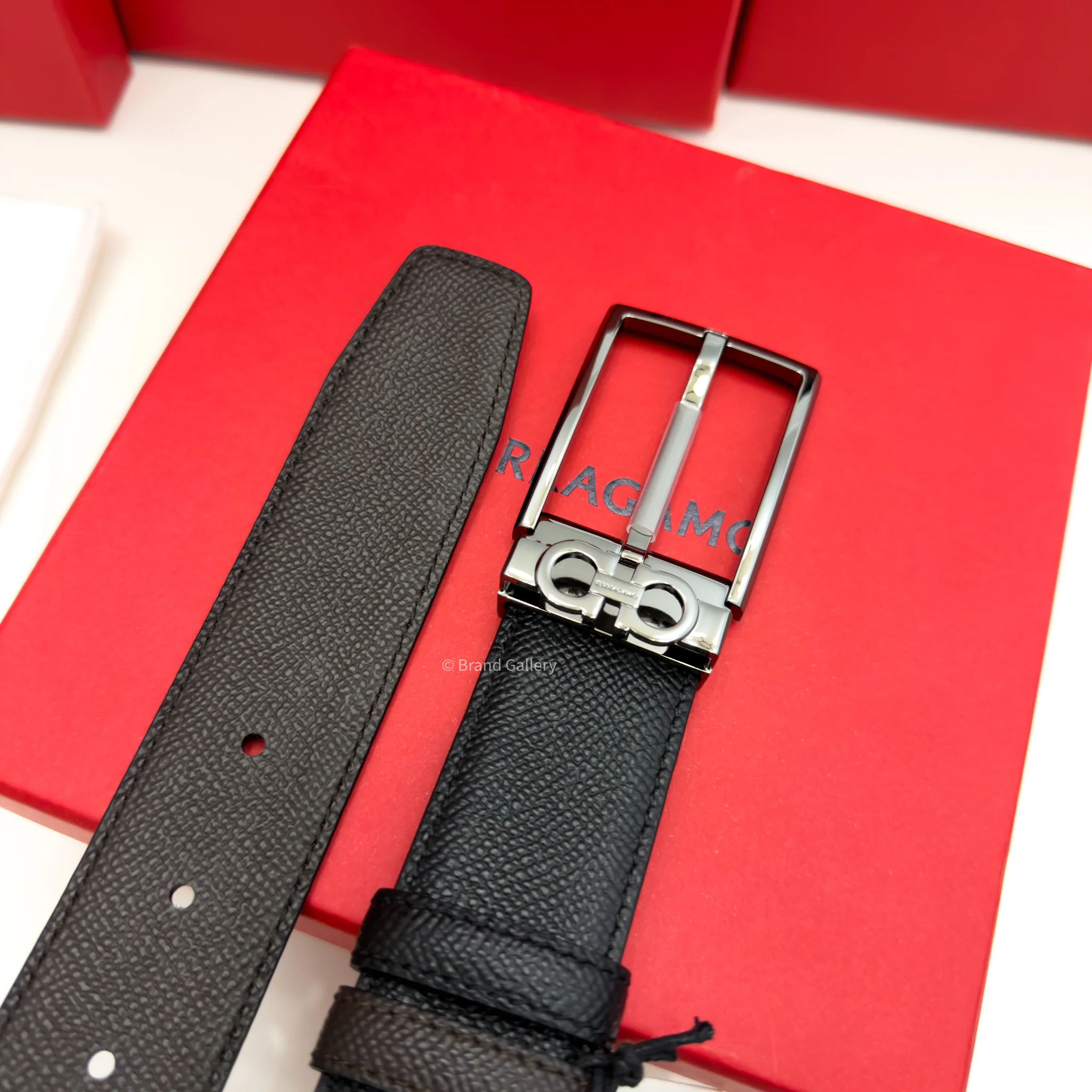 Ferragamo Gancini Gun-Metal pebbled Reversible Leather Belt - Luxury belt - A&A Brand Gallery Egypt