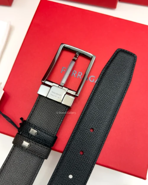 Ferragamo Gancini Gun-Metal pebbled Reversible Leather Belt - Luxury belt - A&A Brand Gallery Egypt
