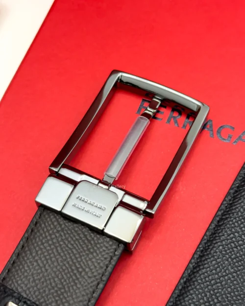 Ferragamo Gancini Gun-Metal pebbled Reversible Leather Belt - Luxury belt - A&A Brand Gallery Egypt