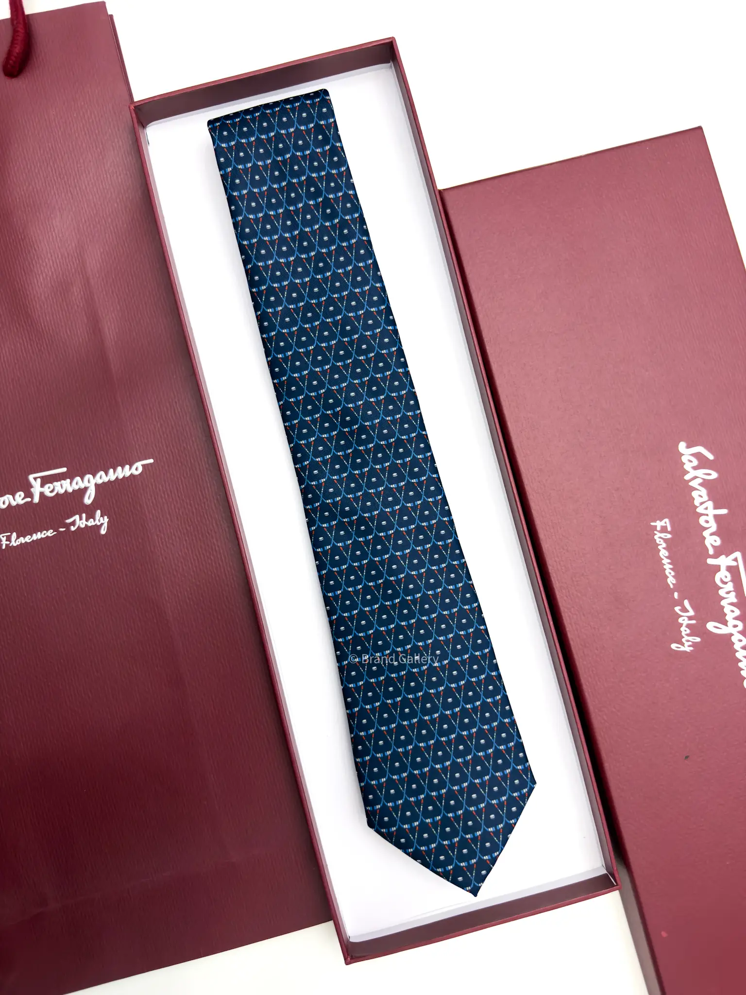 Ferragamo Navy hockey print silk tie