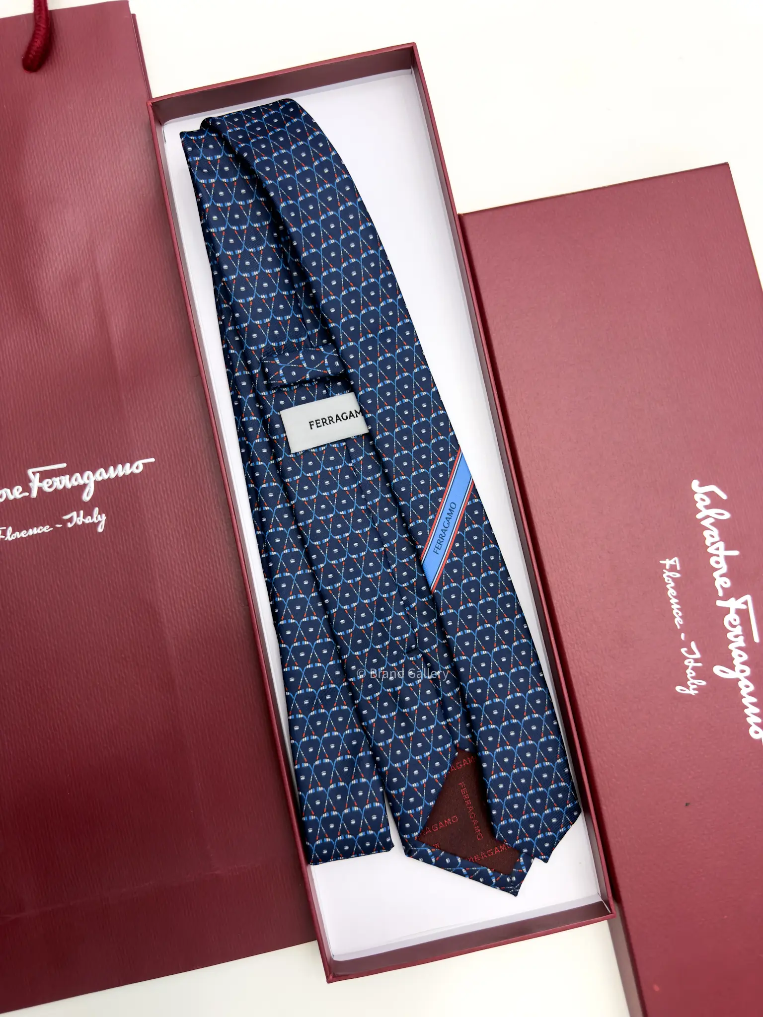 Ferragamo Navy hockey print silk tie