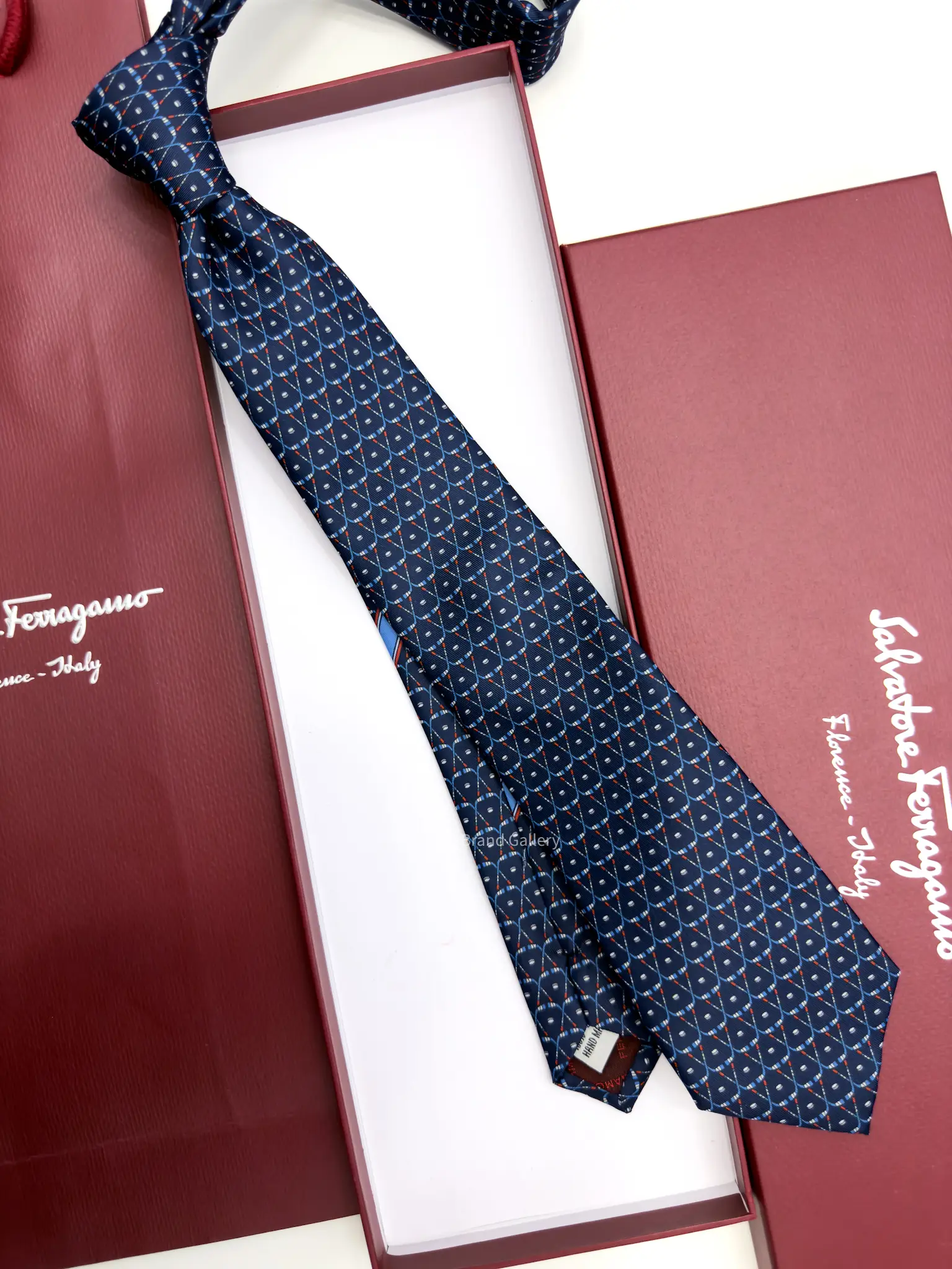 Ferragamo Navy hockey print silk tie