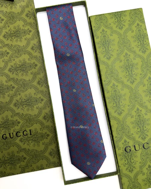 Gucci blue grey and red GG silk jacquard tie