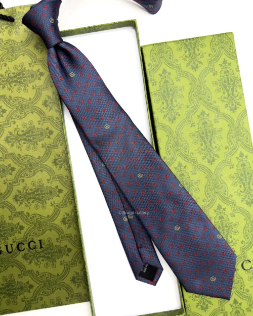 Gucci blue grey and red GG silk jacquard tie
