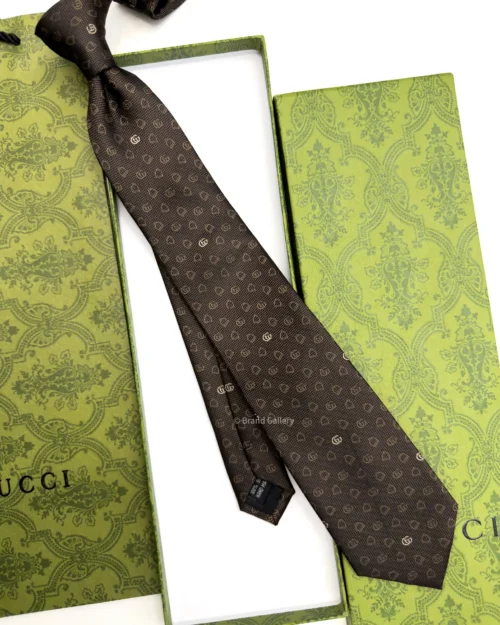 Gucci brown and beige GG silk jacquard tie