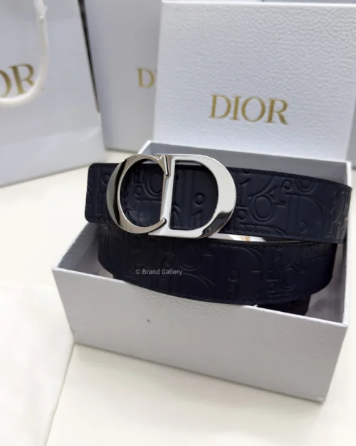 Dior reversible navy blue and black printed leather belt with silver buckle