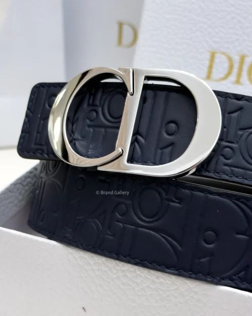 Dior reversible navy blue and black printed leather belt with silver buckle