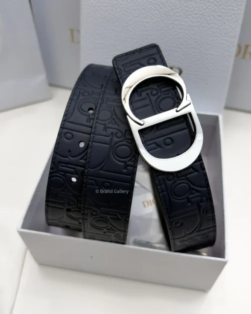 Dior reversible navy blue and black printed leather belt with silver buckle