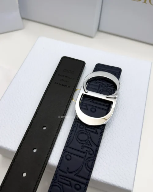 Dior reversible navy blue and black printed leather belt with silver buckle