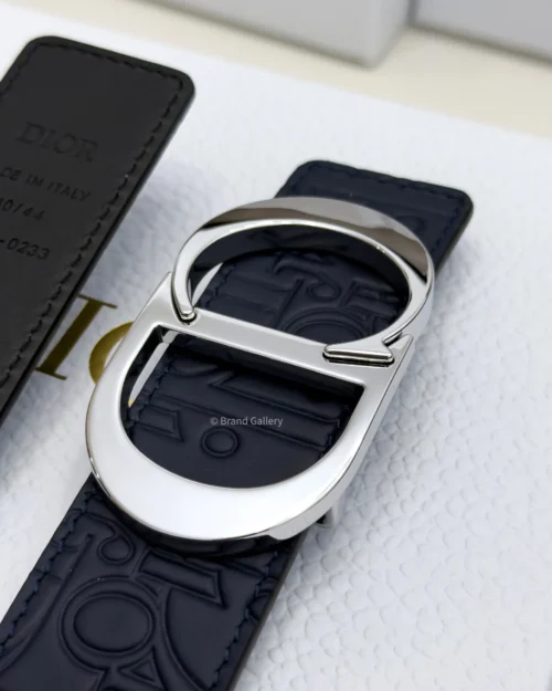 Dior reversible navy blue and black printed leather belt with silver buckle