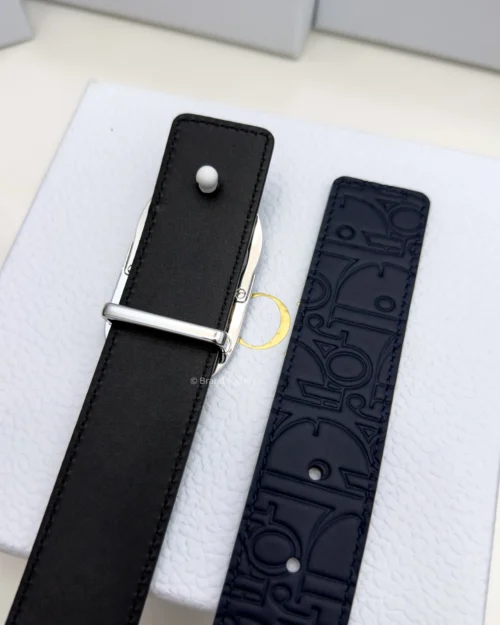 Dior reversible navy blue and black printed leather belt with silver buckle