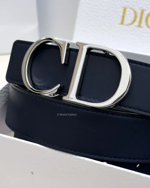 Dior reversible navy blue and black leather belt with silver CD buckle