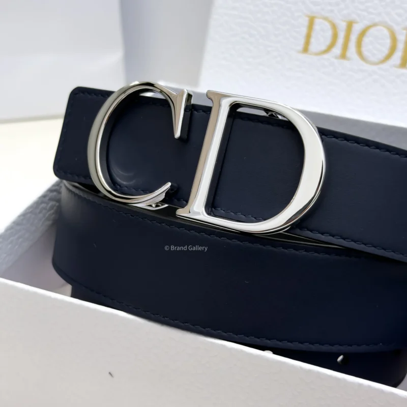 Dior reversible navy blue and black leather belt with silver CD buckle