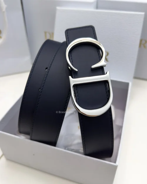Dior reversible navy blue and black leather belt with silver CD buckle