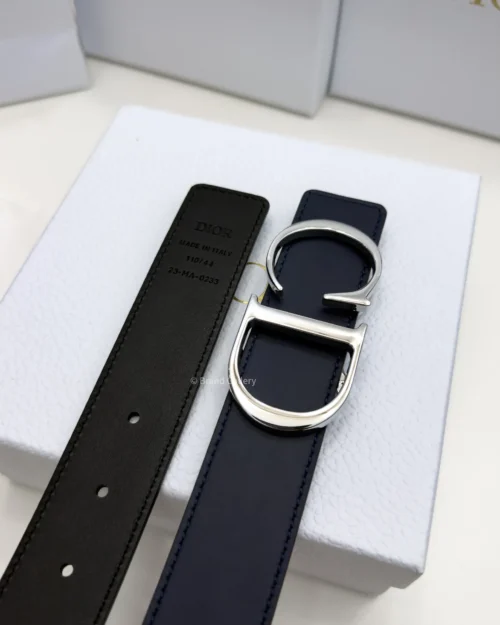 Dior reversible navy blue and black leather belt with silver CD buckle