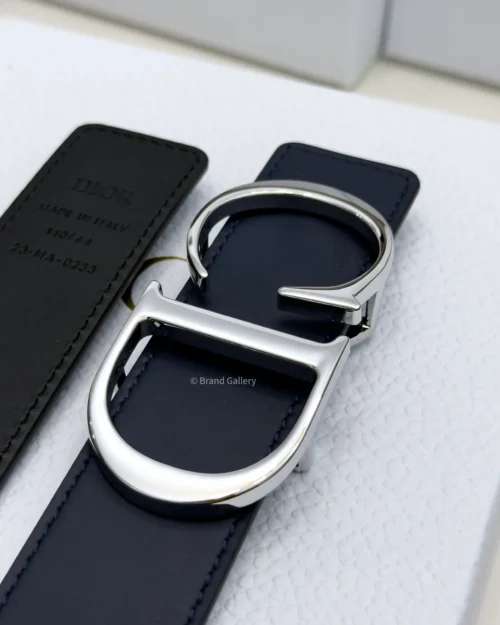 Dior reversible navy blue and black leather belt with silver CD buckle