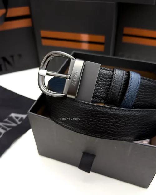 Zegna reversible black and navy blue grained leather belt with matt gun-metal buckle