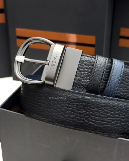 Zegna reversible black and navy blue grained leather belt with matt gun-metal buckle