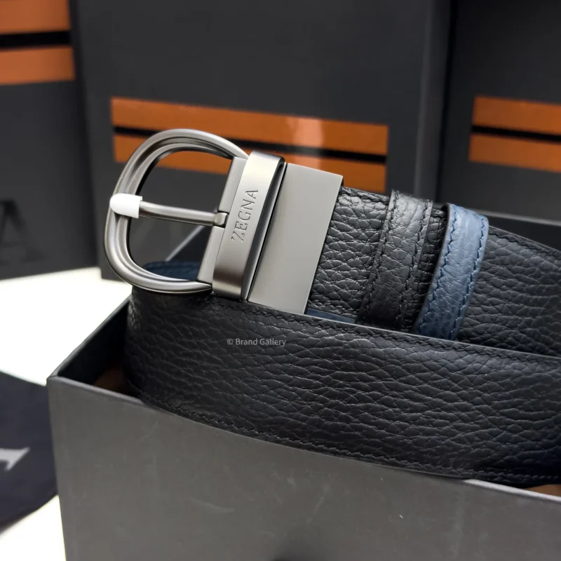 Zegna reversible black and navy blue grained leather belt with matt gun-metal buckle