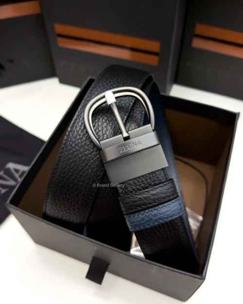 Zegna reversible black and navy blue grained leather belt with matt gun-metal buckle