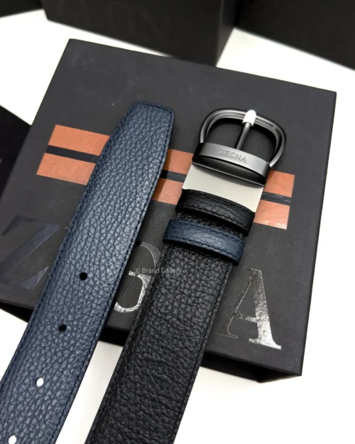 Zegna reversible black and navy blue grained leather belt with matt gun-metal buckle