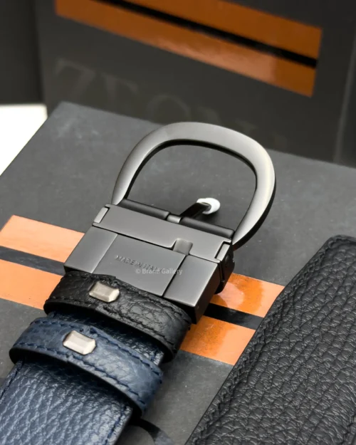Zegna reversible black and navy blue grained leather belt with matt gun-metal buckle