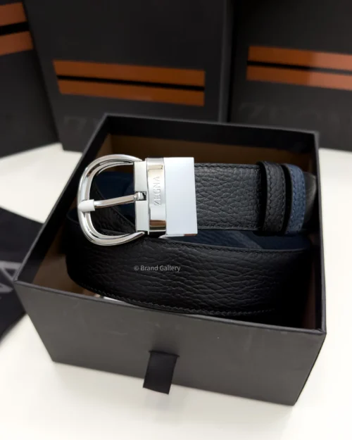Zegna reversible black and navy blue grained leather belt with shiny silver buckle