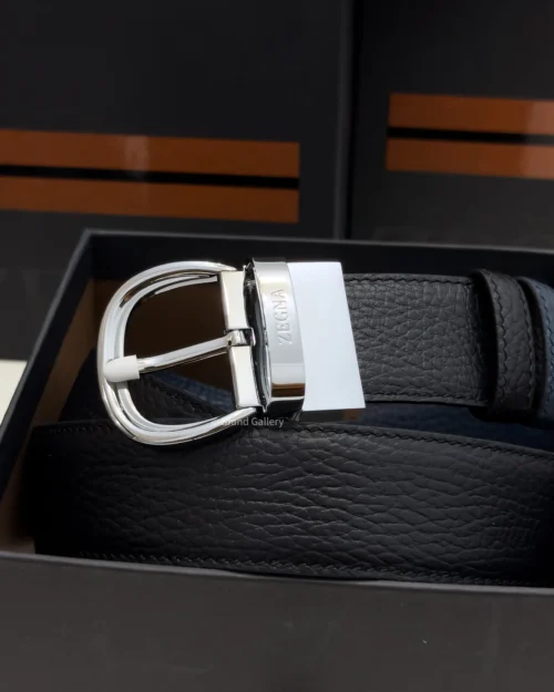 Zegna reversible black and navy blue grained leather belt with shiny silver buckle