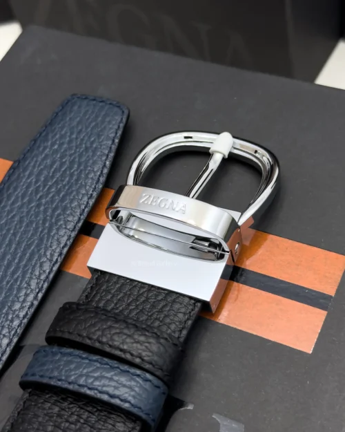 Zegna reversible black and navy blue grained leather belt with shiny silver buckle