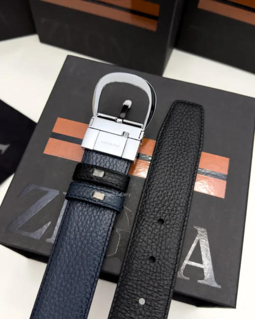 Zegna reversible black and navy blue grained leather belt with shiny silver buckle