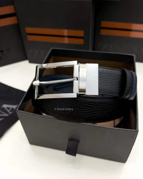 Zegna reversible black and navy blue grained leather belt with rectangular silver buckle