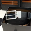 Zegna reversible black and navy blue grained leather belt with rectangular silver buckle