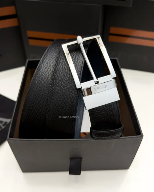 Zegna reversible black and navy blue grained leather belt with rectangular silver buckle