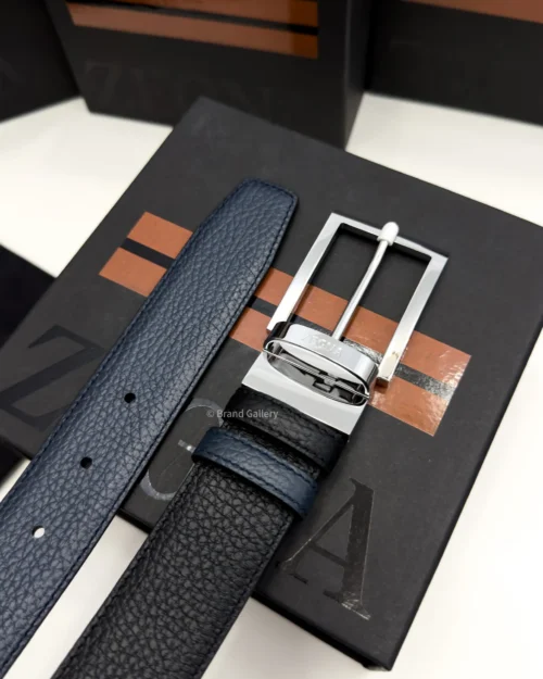 Zegna reversible black and navy blue grained leather belt with rectangular silver buckle