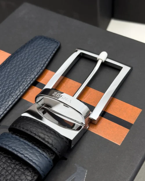 Zegna reversible black and navy blue grained leather belt with rectangular silver buckle