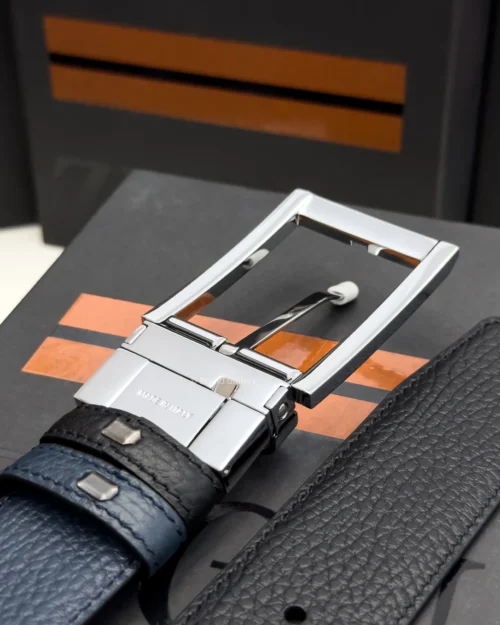 Zegna reversible black and navy blue grained leather belt with rectangular silver buckle