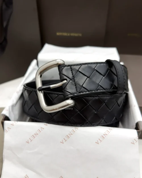 Bottega Veneta black Intrecciato woven leather belt with polished silver-tone buckle