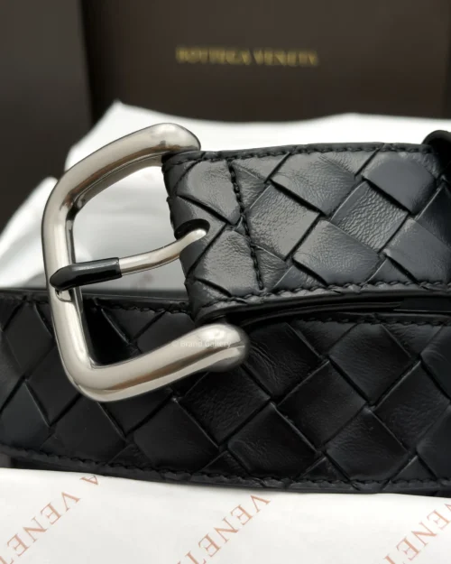 Bottega Veneta black Intrecciato woven leather belt with polished silver-tone buckle