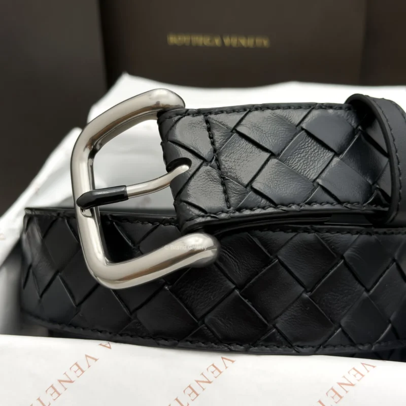 Bottega Veneta black Intrecciato woven leather belt with polished silver-tone buckle
