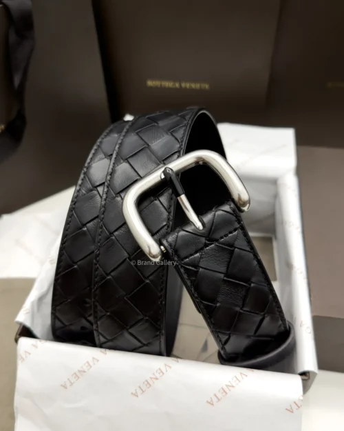 Bottega Veneta black Intrecciato woven leather belt with polished silver-tone buckle