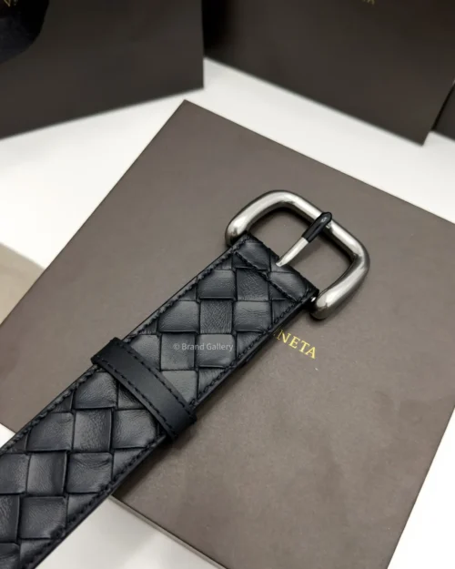 Bottega Veneta black Intrecciato woven leather belt with polished silver-tone buckle