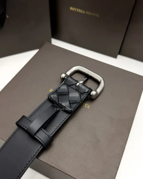 Bottega Veneta black Intrecciato woven leather belt with polished silver-tone buckle