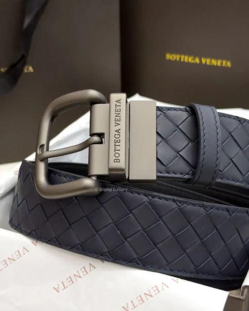 Bottega Veneta reversible blue and black leather belt with matte gunmetal buckle