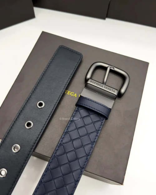 Bottega Veneta reversible blue and black leather belt with matte gunmetal buckle