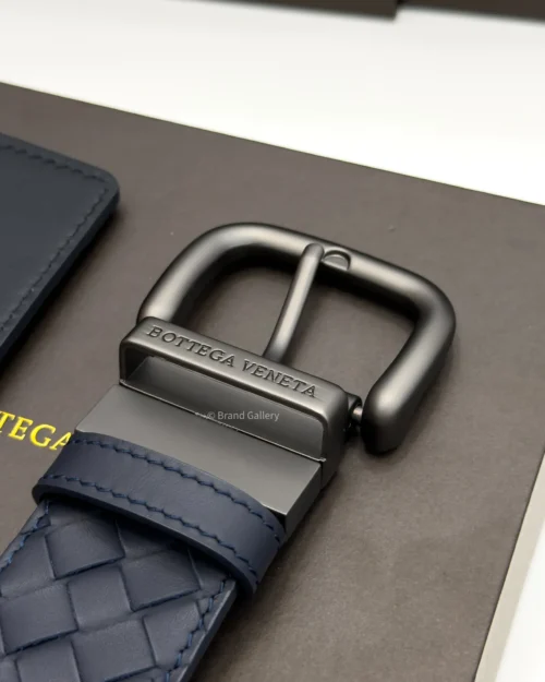 Bottega Veneta reversible blue and black leather belt with matte gunmetal buckle