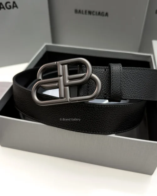 Balenciaga BB Large black grained calfskin belt with aged dark gunmetal buckle