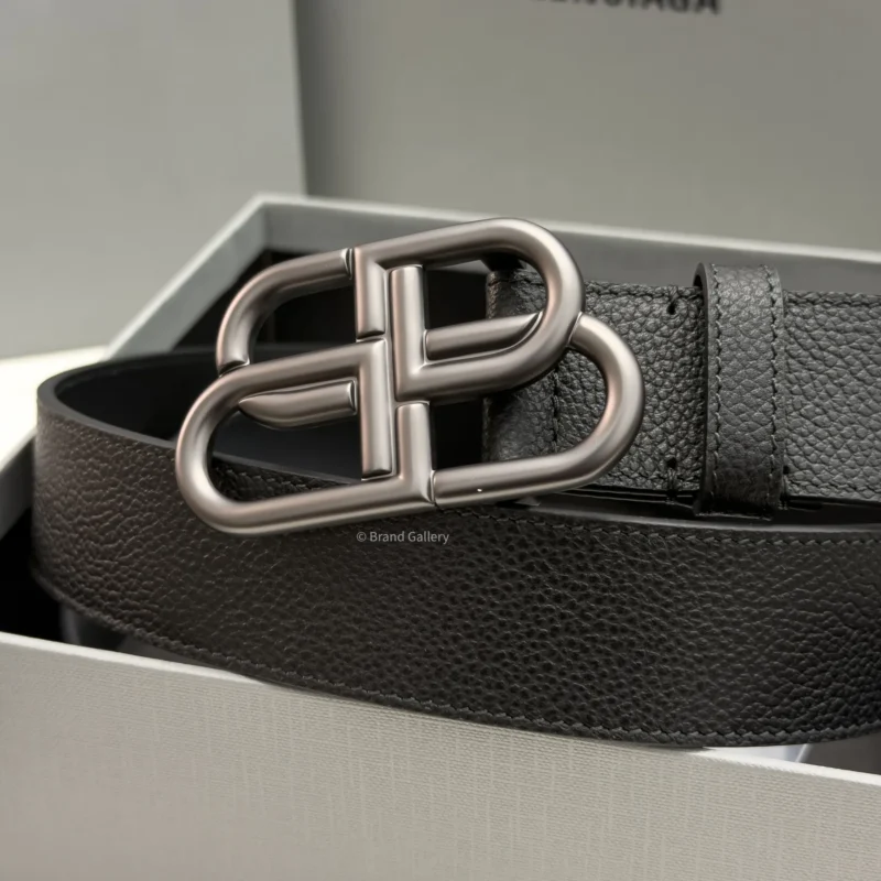 Balenciaga BB Large black grained calfskin belt with aged dark gunmetal buckle